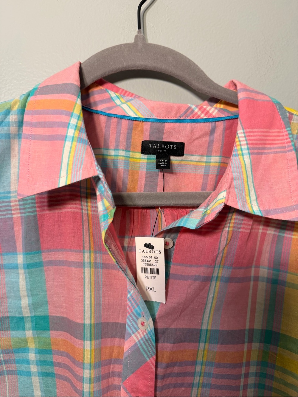 Talbots Pastel Plaid Button-Down Shirt in Pink, Aqua, Yellow & White - Picture 2 of 3